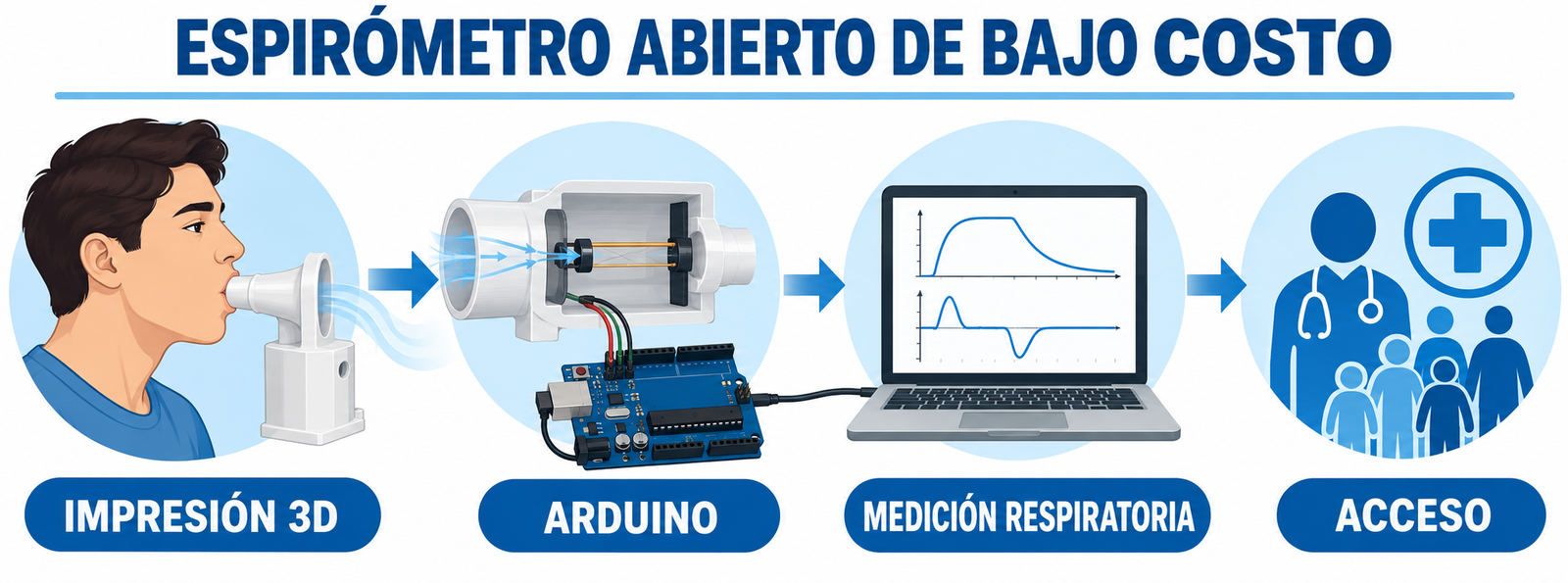 Resumen gráfico de un espirómetro abierto de bajo costo con impresión 3D y Arduino.