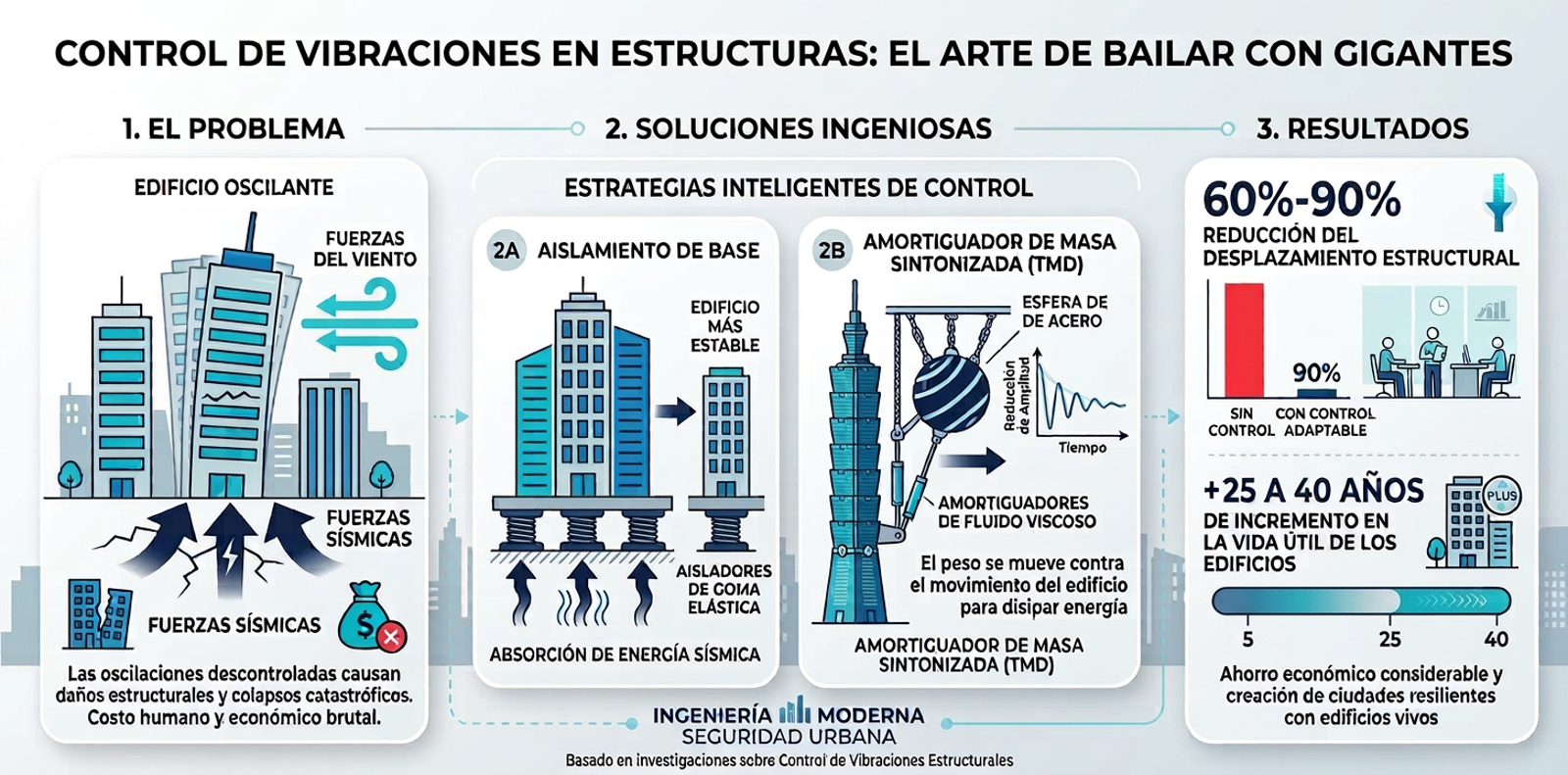 Resumen gráfico sobre control de vibraciones en edificios mediante aislamiento, masa sintonizada y disipación.