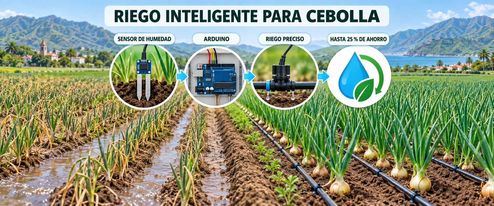 Resumen gráfico de un sistema de riego inteligente para cultivo de cebolla con Arduino.