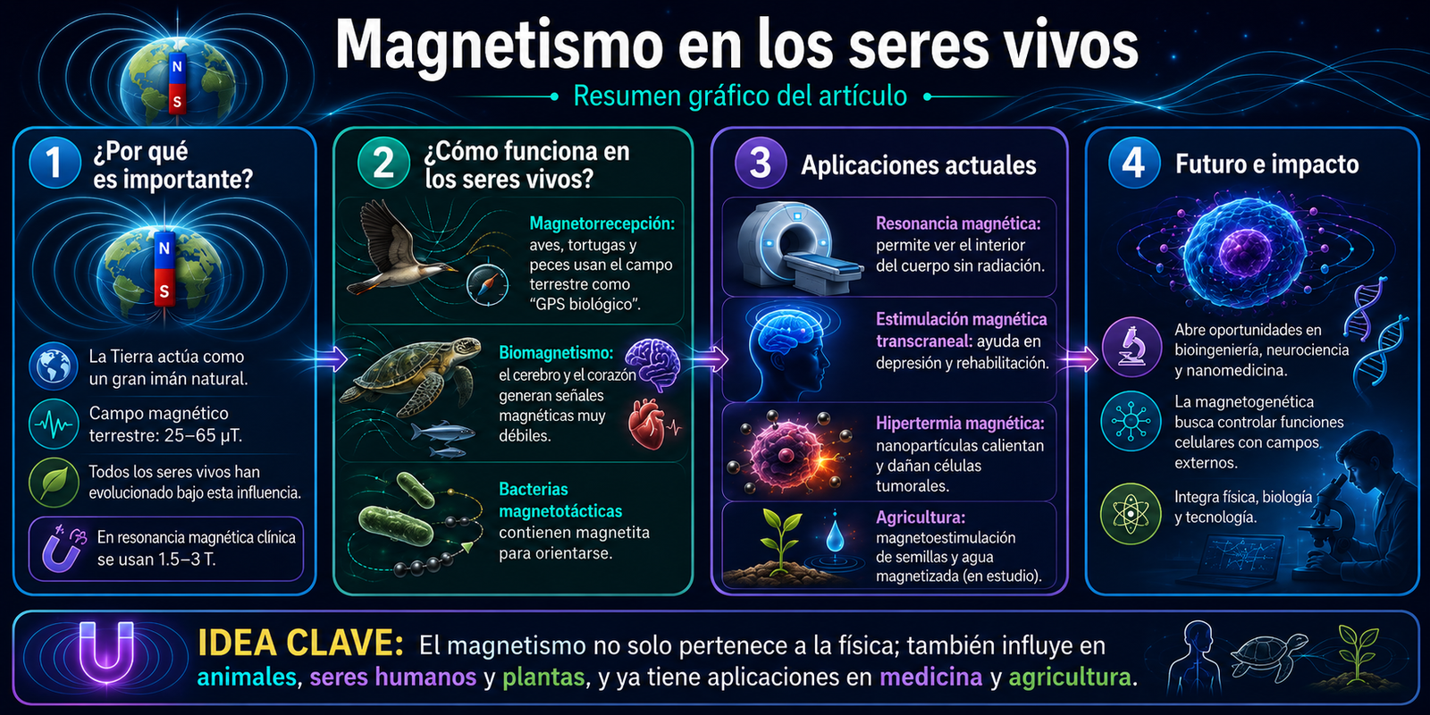 Resumen gráfico sobre magnetismo en los seres vivos y sus aplicaciones.